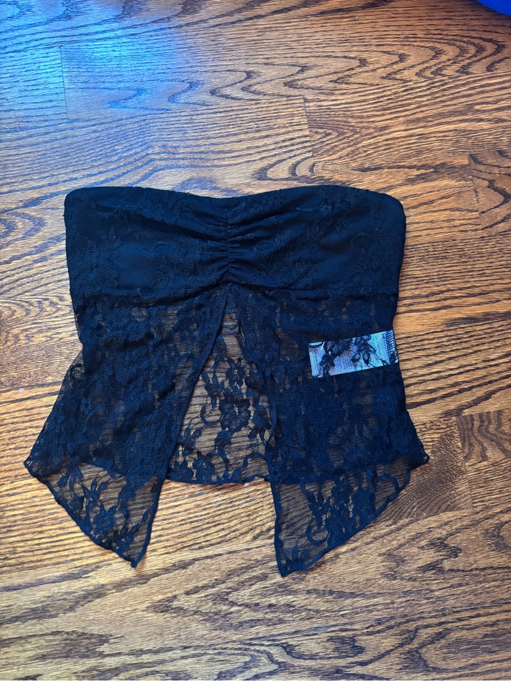 Edikted Black Lace Strapless Bustier with Pink Logo Tag